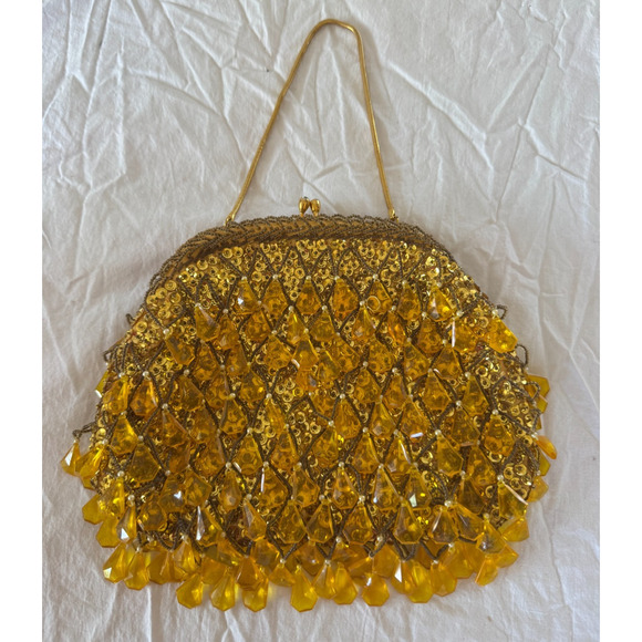 Vtg Richere Bag by Walborg Dangle Beads Sequins Yellow Gold Purse Evening Bag - Picture 1 of 10
